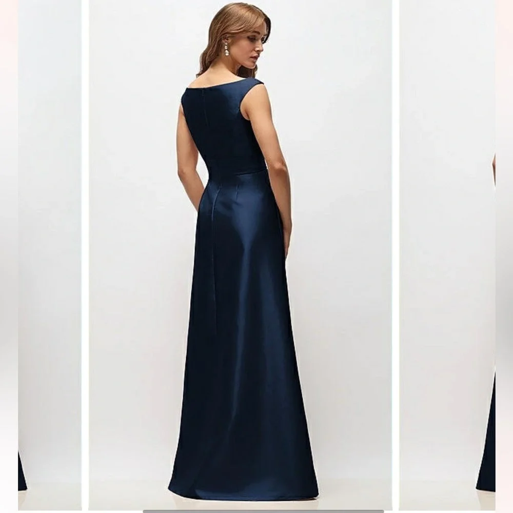 new Alfred Sung OFF-THE-SHOULDER DRAPED WRAP SATIN MAXI DRESS IN MIDNIGHT NAVY - Picture 2 of 7